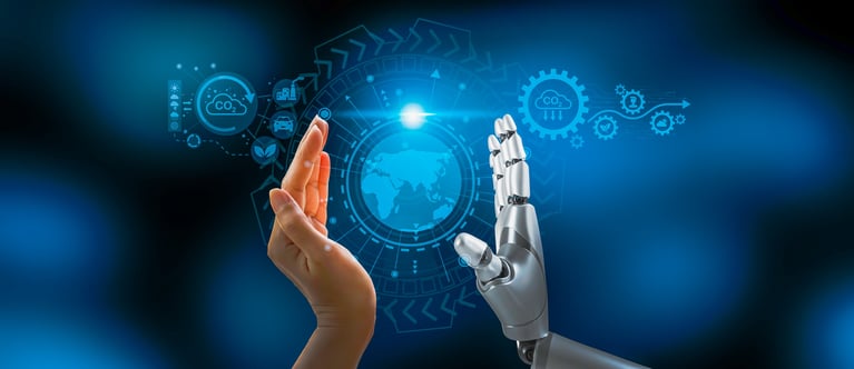 Robot hand and human hand reaching towards each other, with a digital earth icon in the background